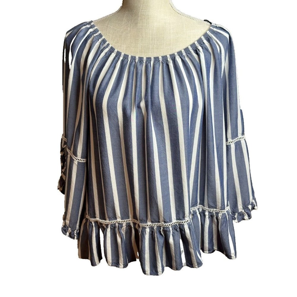 Women Fever Shirt Top Ruffle Bell Sleeves Cruise Wear Blue Stripes Size Large